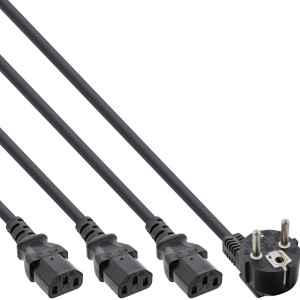 Kabel zasilający Y 1x CEE 7/7 / 3x 3pin IEC C13 męski, czarny, 3m