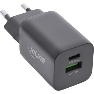 Zasilacz USB, ładowarka USB-A + USB-C, 33W, PD + QC, kolor czarny