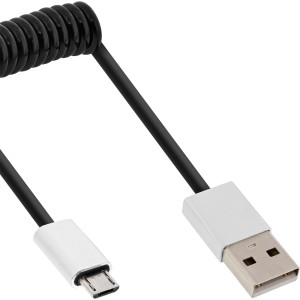 Kabel spiralny micro-USB 2.0, typ A/Micro-B M/M, czarny/alu, elastyczny 3m