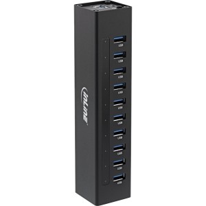 Koncentrator USB 3.2, 10 portów, obudowa aluminiowa, kolor czarny, z zasilaczem 4 A