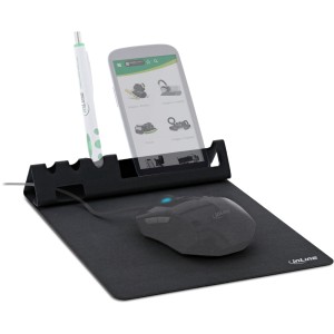 Wielofunkcyjna podkładka pod mysz z uchwytem na smartfon i długopis, czarna