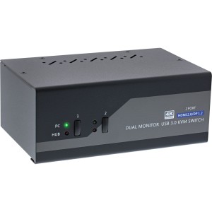 Przełącznik stacjonarny KVM, 2 porty, podwójny monitor, DP+HDMI, 4K, USB 3.0, audio