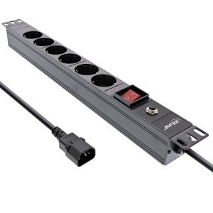 Listwa zasilająca 19" 6-torowa CEE7/7, zabezpieczenie przeciążeniowe C14, wyłącznik, 2m