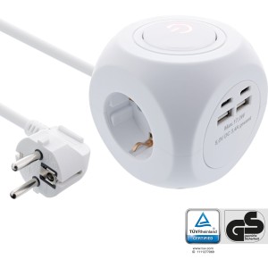 Kostka ładująca, 3x styk uziemiający, 2x USB-C, 2x USB-A, biała, 2m