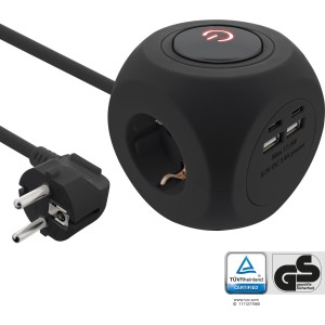 Kostka ładująca, 3x styk uziemiający, 2x USB-C, 2x USB-A, czarna, 2m