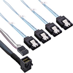 Kabel Mini SAS HD SFF-8643 kątowy do 4x SATA + wstęga boczna 1m