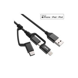 Kabel USB 3 w 1, USB-A M na Micro-USB+USB-C+Lightning, czarny/aluminium