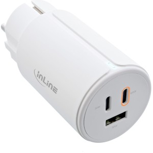 Zasilacz USB PD, ładowarka GaN, 3-portowy, Dual USB-C + USB-A, 65W, biały