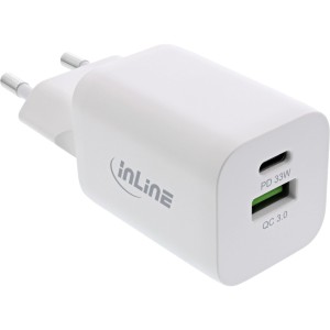 Zasilacz USB, ładowarka USB-A + USB-C, 33W, PD + QC, kolor biały