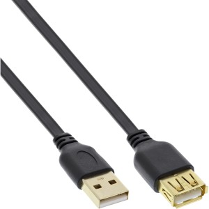 Płaski kabel USB 2.0 Typ A, męski/żeński, pozłacany, czarny, 0,5 m