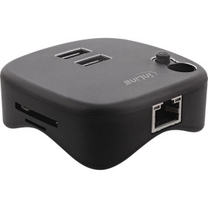 Multiadapter USB 3.0, 2xUSB-A, RJ45, czytnik kart SD/MicroSD, czarny