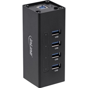 Koncentrator USB 3.2, 4 porty, obudowa aluminiowa, kolor czarny, z zasilaczem 2,5 A