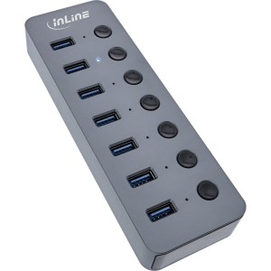 Koncentrator USB 3.2 Gen.1, 7-portowy, z przełącznikiem, aluminiowy, szary, z zasilaczem