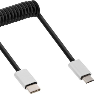 Kabel spiralny USB 2.0, męski USB-C/męski Micro-B, czarny/alu, elastyczny 3m