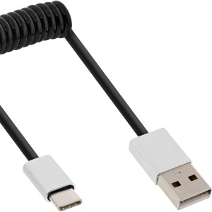 Kabel spiralny USB 2.0, męski USB-C / męski USB-A, czarny/alu, elastyczny, 2m