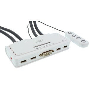 Przełącznik KVM 4-portowy DVI-D + USB + Audio w zestawie. 2 zestawy kabli