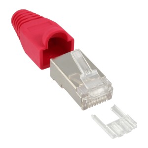 Złącze zaciskane RJ45 8P8C ekranowane z. nawlekacz + zabezpieczenie przed zgięciem, czerwony