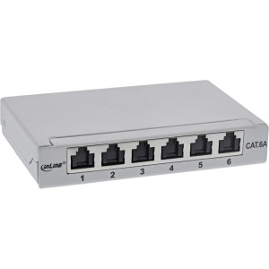 Patch panel kat.6A 0,5U 6-portowy, stołowy/ściana/szyna, szary z zabezpieczeniem przeciwkurzowym.