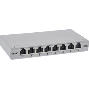 Patch panel kat.6A 0,5U 8-portowy, stołowy/ściana/szyna, szary, ochrona przed kurzem