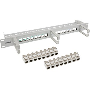 Patch panel kat.6A 16-kierunkowy, z 3 wspornikami, 16 modułami Keystone, 19", 1U, szary