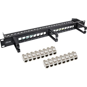 Patch panel kat.6A 16-kierunkowy, z 3 wspornikami, 16 modułami Keystone, 19", 1U, nero