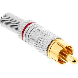 Metalowy wtyk męski RCA do lutowania, srebrny, czerwony pierścień, na kabel 6mm
