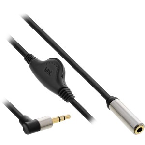 Smukły kabel audio 3,5 mm M, kątowy / F, z regulacją głośności 0,25 m