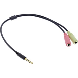 Kabel adaptera zestawu słuchawkowego audio 3,5 mm męski 4 piny / 2x 3,5 mm, czarny, 1 m