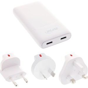 Ładowarka podróżna USB z podwójnym wejściem USB-C, PD, PPS, 65 W, płaska, biała
